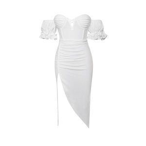 White off the shoulder puff sleeve midi dress with slit bachelorette cocktail XS